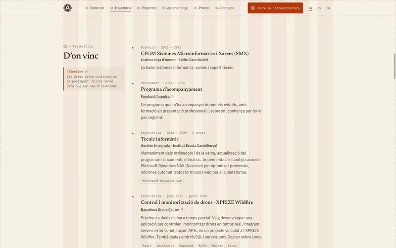 Aquesta web amb el mode «Veure la infraestructura» activat: la retícula de 12 columnes superposada, la trajectòria amb etiquetes de tecnologies i una nota tècnica sobre el component Timeline.